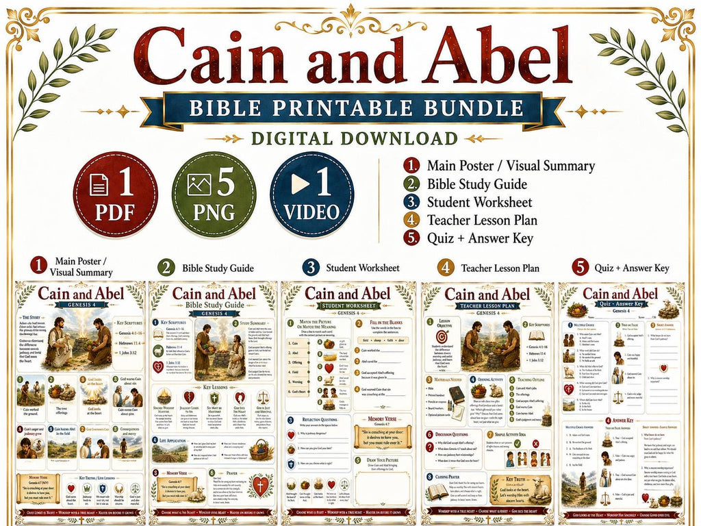 Cain and Abel Bible Study Bundle, Genesis 4 Poster, Worksheet, Teacher Lesson, Study Guide, Quiz, (PDF, PNG and MP4 Downloads)