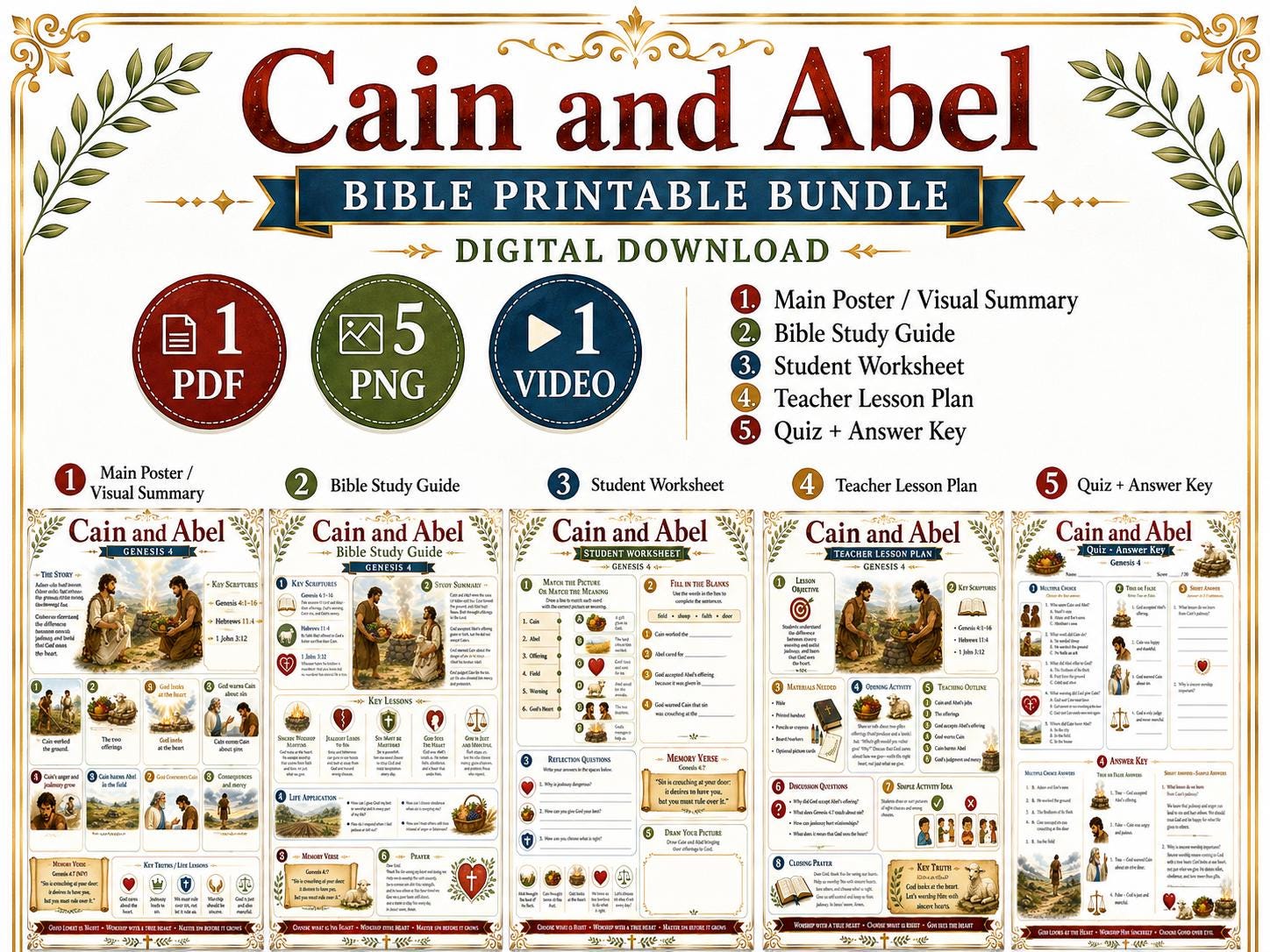 Cain and Abel Bible Study Bundle, Genesis 4 Poster, Worksheet, Teacher Lesson, Study Guide, Quiz, (PDF, PNG and MP4 Downloads)