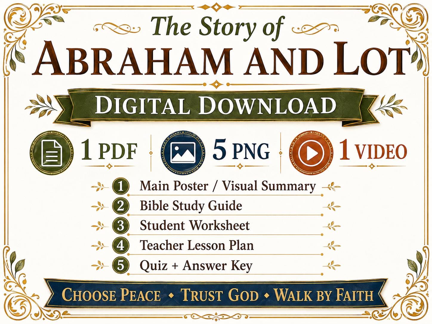 Abraham and Lot Bible Study Bundle, Christian Printable Poster, Worksheet, Teacher Lesson, Study Guide, Quiz, (PDF PNG MP4 Downloads)