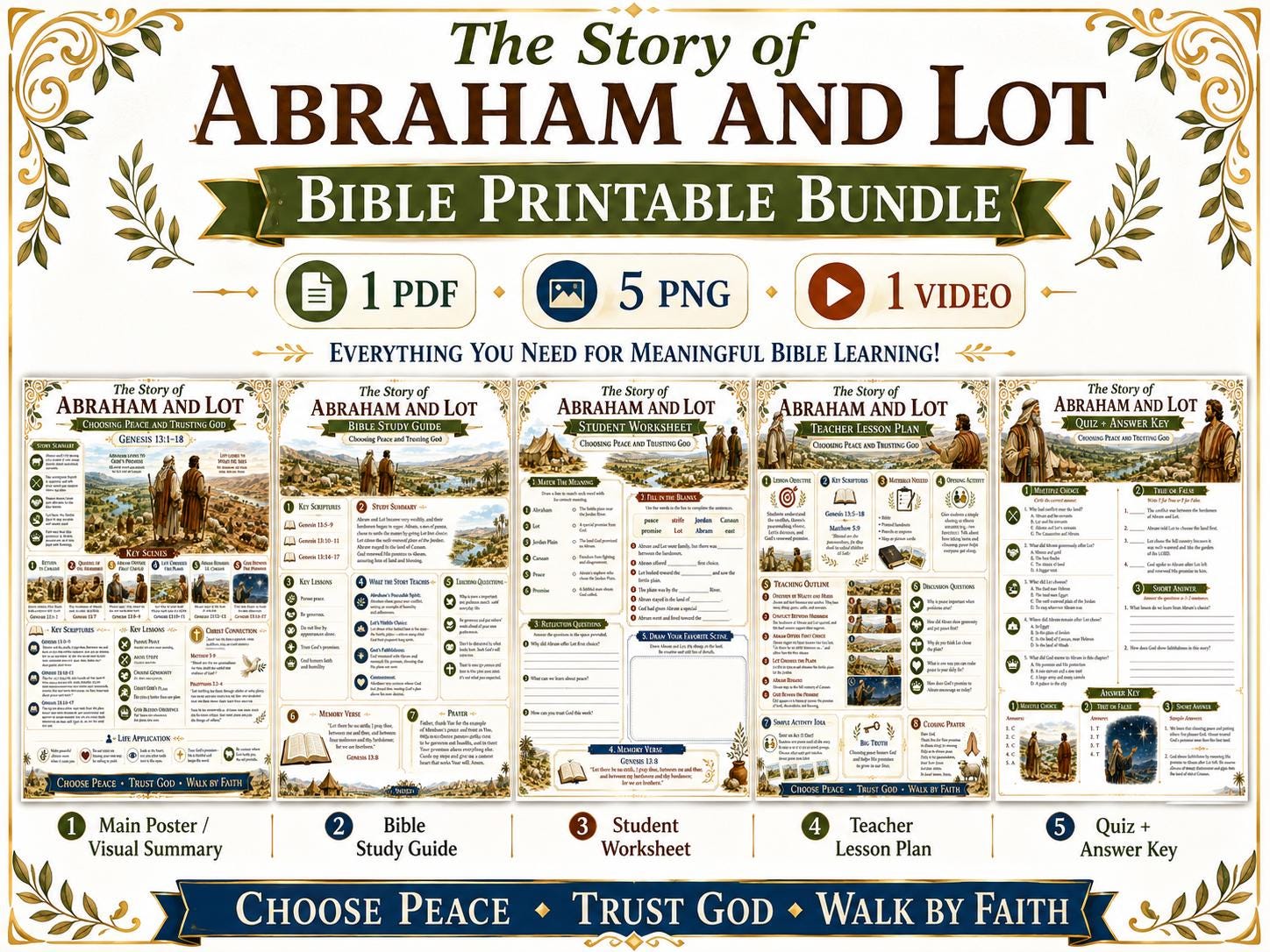 Abraham and Lot Bible Study Bundle, Christian Printable Poster, Worksheet, Teacher Lesson, Study Guide, Quiz, (PDF PNG MP4 Downloads)